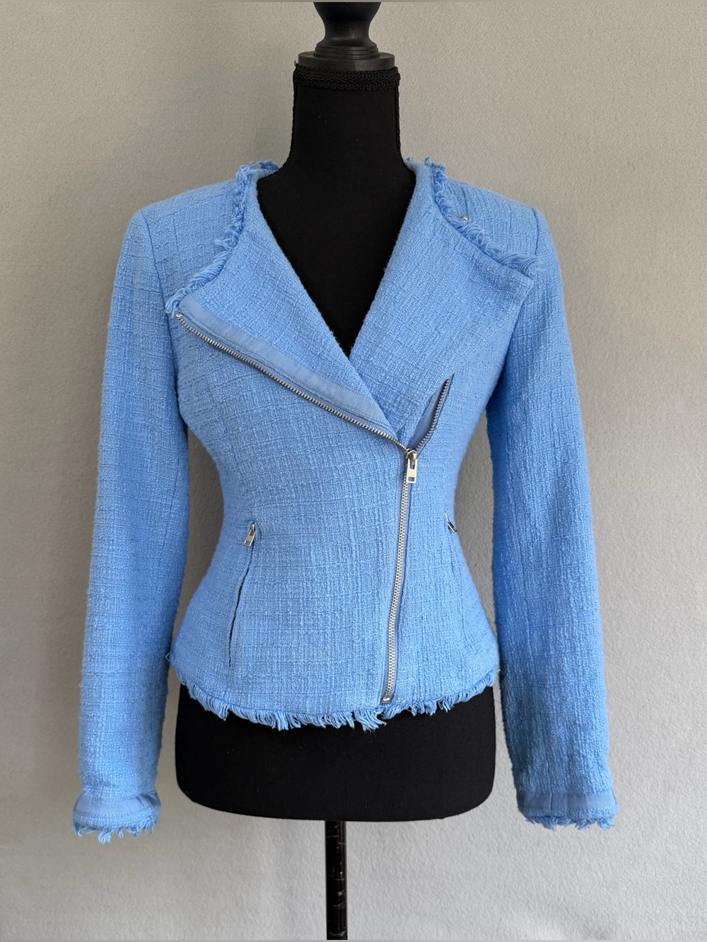 J Crew Tweed Jacket Blazer s2 Women’s Sky Blue Full Zip Fringe Details Pocket